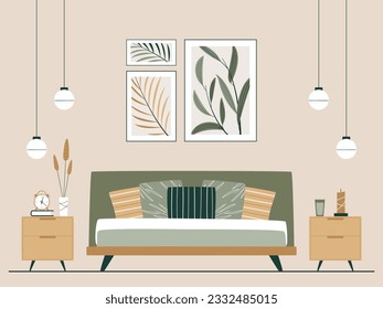 Modern bedroom interior with a stylish combination of trendy earth tones. Bed with pillows, pictures, lamp, night tables. Modern bedroom in Japandi or Scandinavian Style. Vector Interior background