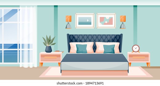 Modern bedroom interior. Vector flat cartoon illustration. Hotel room or apartment with window and sea view. Contemporary home background. House furniture design elements