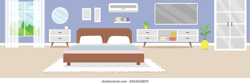 Modern bedroom interior. Vector flat cartoon illustration. Cozy bedroom. Interior concept. Vector flat illustration.