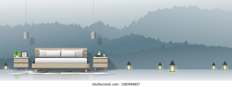 Modern bedroom with mountain landscape wallpaper background , vector , illustration
