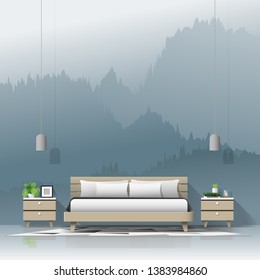 Modern bedroom with mountain landscape wallpaper background , vector , illustration