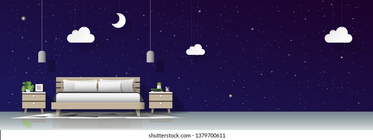 Modern bedroom with night sky wallpaper background , vector , illustration