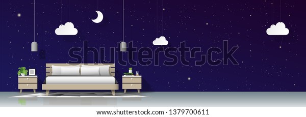 Modern bedroom with night sky wallpaper background , vector , illustration
