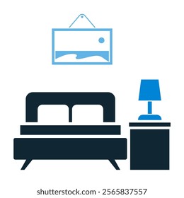 Modern Bedroom Vector Icon Minimalist Design Featuring a Bed, Nightstand with Lamp, and Wall Art Decoration, Perfect for Real Estate, Interior Design, and Home Lifestyle Themes