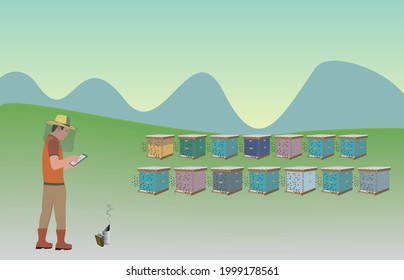 Modern Beekeeper Controls Beehives And Honey Harvest With Tablet Computer. Beekeeper Works With Beehives, Takes Out A Honeycomb. Honey. Flat Style Vector Illustration.
