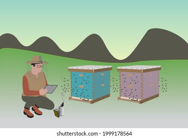 Modern Beekeeper Controls Beehives And Honey Harvest With Tablet Computer. Beekeeper Works With Beehives, Takes Out A Honeycomb. Honey. Flat Style Vector Illustration.
