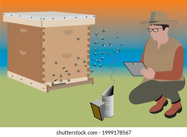 Modern Beekeeper Controls Beehives And Honey Harvest With Tablet Computer. Beekeeper Works With Beehives, Takes Out A Honeycomb. Honey. Flat Style Vector Illustration.
