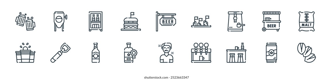 modern beer icon pack. perfect for linear ui designs featuring vector pistachio, can, bar counter, beer tap, drunk, premium, bottle and more icons for mobile and web apps.