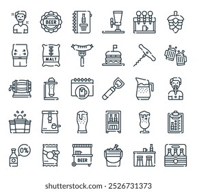 modern beer icon pack. perfect for linear ui designs featuring vector beer box, bar counter, ice bucket, stand, chips and more icons.