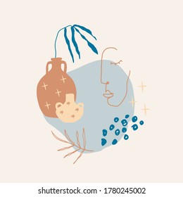 Modern beige abstract art print. Hand drawn illustration. Warm earthly palette. Brown, beige, cream, blue. Two crocks with plant. Vase with abstract art. Abstract composition with hand drawn elements.