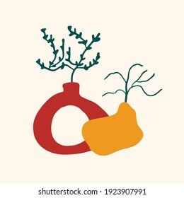 Modern beige abstract art print. Hand drawn illustration. Colourful palette. Green, yellow, red, beige. Two modern crocks with tropical plants. 