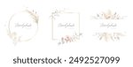 Modern beige and blush trendy vector design frames. Pastel pampas grass, fern, dusty pink and white rose, dried plants, palm leaves. Wedding floral boho cards. All elements are isolated and editable