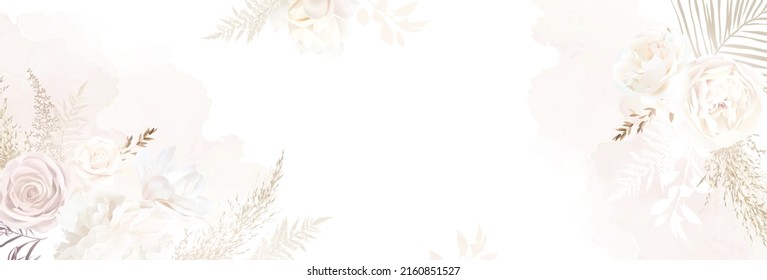 Modern beige and blush trendy vector design banner. Pastel pampas grass, fern, white peony, pale magnolia, ranunculus, pink rose. Watercolor brush texture.Wedding boho card. Isolated and editable