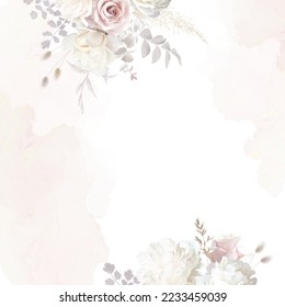Modern beige and blush trendy vector design frame. Pastel pampas grass, fern, white peony, pale magnolia, ranunculus, pink rose. Watercolor brush texture. Wedding boho card. Isolated and editable