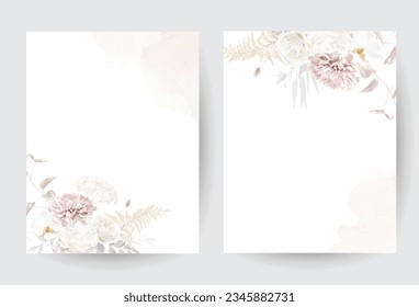 Modern beige and blush trendy vector design frames. Pastel pampas grass, fern, white peony, pale dahlia, ranunculus, white rose. Watercolor brush texture. Wedding boho card. Isolated and editable