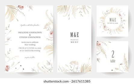 Modern beige and blush trendy vector design frames. Pastel pampas grass, fern, dusty pink rose, dried plants, palm leaves, wildflowers. Wedding floral boho cards.All elements are isolated and editable