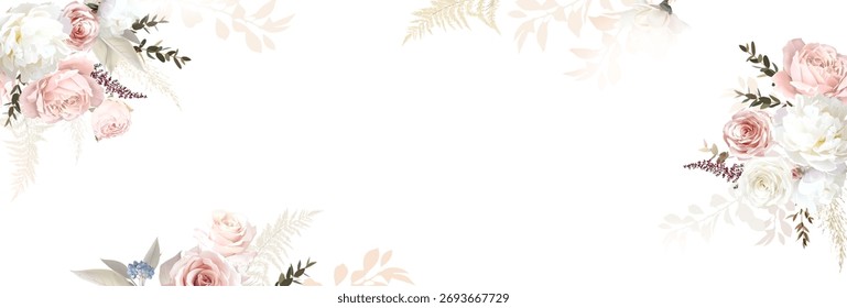 Marco de Anuncio de diseño de Vector moderno beige y rubor. Pastel pampas hierba, helecho, rubor rosa y rosa beige. Textura de pincel de acuarela. Decoración de tarjeta de Boda. Los Elementos son aislados y editables