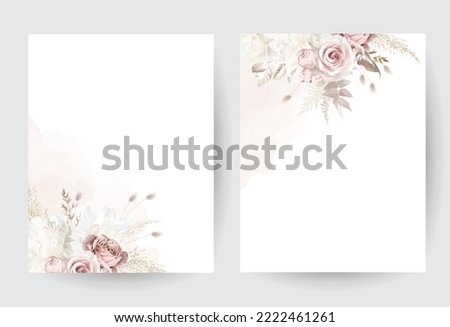 Modern beige and blush trendy vector design frames. Pastel pampas grass, fern, white peony, pale magnolia, ranunculus, pink rose. Watercolor brush texture. Wedding boho card. Isolated and editable