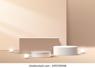 Modern beige geometric pedestal podium with neon sphere ball. Abstract room concept. Brown color minimal wall scene with shadow. Vector rendering 3d  platform shape product display presentation.