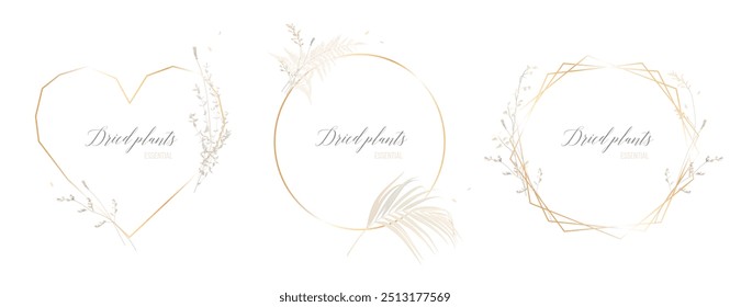 Modern beige and ivory trendy vector design frames. Pastel pampas grass, fern, dusty pink dried plants, palm leaves. Wedding floral boho cards. Golden cards. All elements are isolated and editable