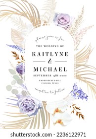 Modern beige and violet trendy vector design frame. Pastel dried pampas grass, magnolia, white peony, ranunculus, lavender purple rose card. Wedding boho template. Elements are isolated and editable