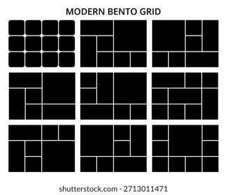 Modernes Bento-Raster-Layout mit verschiedenen rechteckigen Fächern und Abschnitten einzeln für Organisation und Design