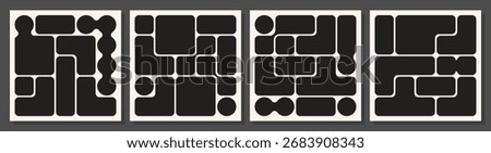 Modern bento grid layouts with black geometric shapes and rounded corners for interface design or dashboard organization. Minimal block arrangements with circles and rectangles. Modular templates