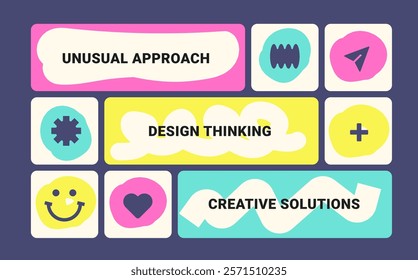 Modern Bento grid web business layout with doodle shapes. Trending bento brick Ui UX template. Web comics grids, various panel arrangements and different size tiles. Creativity, analytics, strategy