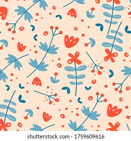 Modern berries, leaves, branches, flowers seamless pattern. Trendy vector elements. Square repeating design for fabric, textile, wrapping paper. Colorful Seamless Pattern, Wallpaper, Background
