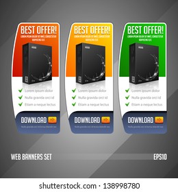 Modern Best Offer Web Banner Set Vector Colored: Red, Yellow, Orange, Green. Website Showing Product Box, Purchase Download Button.