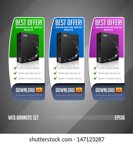 Modern Best Offer Web Banner Set Vector Colored: Green, Blue, Violet, Purple. Website Showing Product Box, Purchase Download Button. 