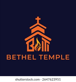 Design moderno do logotipo do Templo de Bethel Apresentando uma Igreja Estilizada com uma Cruz e Chama Simbolizando Fé e Espiritualidade
