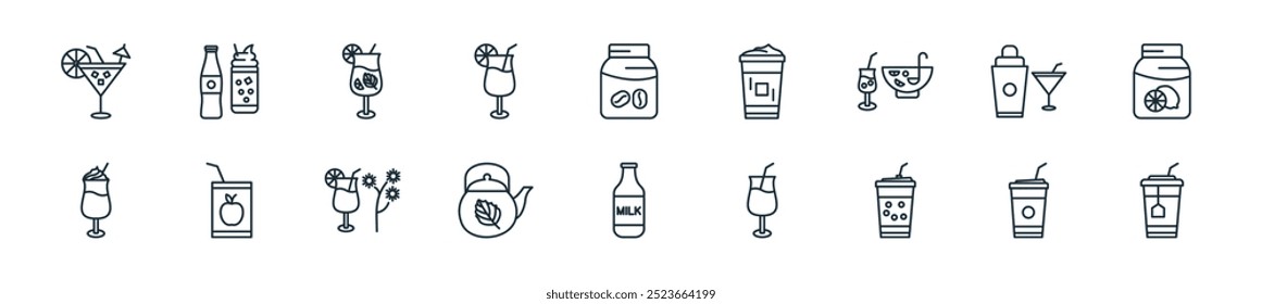 modern beverages icon pack. perfect for linear ui designs featuring vector ice tea, smoothie, bubble tea, drink, milk bottle, tea pot, mimosa and more icons for mobile and web apps.