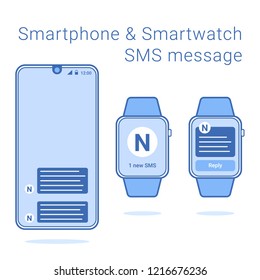 Modern bezel less smartphone with frameless smartwatch. Incoming sms on phone and watch. Modern flat vector illustration with monochromatic blue color.