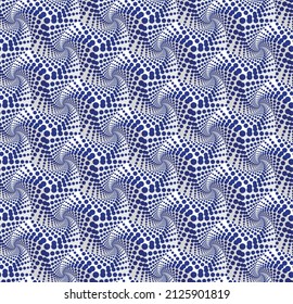 Modern bicolor halftone pattern. Blue dots on a white background. Tridimensional effect. Geometric dotted seamless vector pattern.