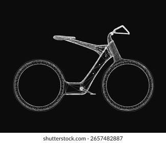 A modern bicycle wireframe composed of intricate lines and geometric shapes on a sleek black background. The design highlights clean aesthetics and structural details. Perfect for tech.