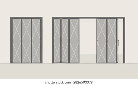 Modern bi-fold sliding doors vector diagram showing closed and semi-open positions in a minimal room environment.