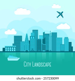 Modern big city landscape with reflection in water. With airplane and yacht. Vector