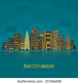 Modern big city night landscape with reflection in water. Vector