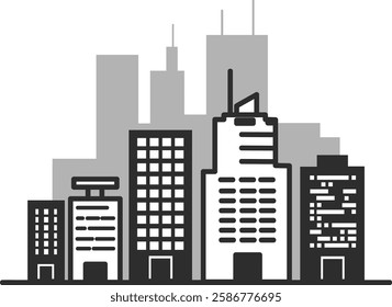 Modern big city with office skyscrapers and buildings, in the background a gray view of the rest of the city without clouds.