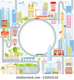 Modern big cityscape as a frame for your text message. Vector illustration