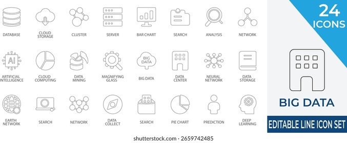 Iconos de línea de big data modernos que incluyen IA, almacenamiento en la nube, bases de datos y herramientas de análisis. Perfecto para plataformas tecnológicas, ciencia de datos y proyectos de aprendizaje automático.