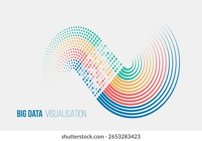Visualización moderna de big data con círculos y puntos coloridos que forman un gráfico dinámico sobre un fondo blanco. Adecuado para temas de tecnología digital y análisis. Anuncio de clasificación de datos.