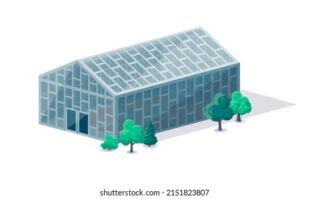 Modern big greenhouse glasshouse for eco agriculture farming industry. Bio food producing. Frame transparent glass structure building for plant garden farm fruit vegetables. Isolated vector on white.