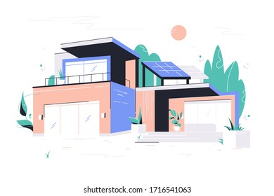 Modern big house with garage, balcony and roof solar panel. Concept two-storied building with plants around perimeter and glass doors. Vector illustration.