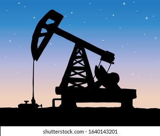 Modern big iron unit donkey tool pipe set on blue evening star sky text space. Dark black hand drawn natural heavy metal machine platform logo pictogram sign in retro art cartoon graphic contour style