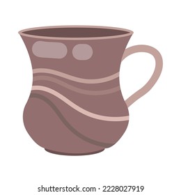 Dibujo de dibujos animados de cerámica de gran tamaño de color púrpura moderno. Taza colorida con patrón para el café, té aislado sobre fondo blanco. La vajilla para casa o cafetería, concepto de cocina
