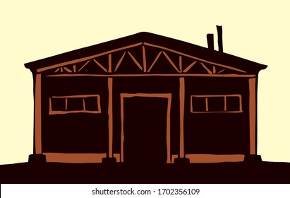 Modern big red metal close bar shack facade gate set on white sky text space. Outline black hand drawn old historic organic food land hay plant farmer store logo image design. Retro art cartoon style