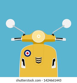 Modern big scooter in yellow color illustration isolated on blue background, front view, flat style, vector 