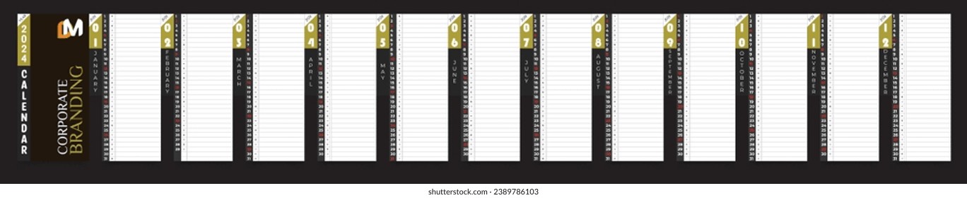 Modern Big Wall Calendar Planner 2024 año, fondo de color Niza Negro para decoración de estudio, oficina o pared doméstica y vida productiva. El vector completamente editable eps10 también se utiliza como calendario de escritorio 2024.
